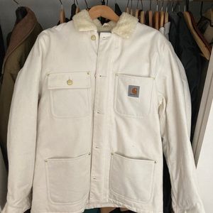 Carhartt WIP cream and white colored canvas fleece coat